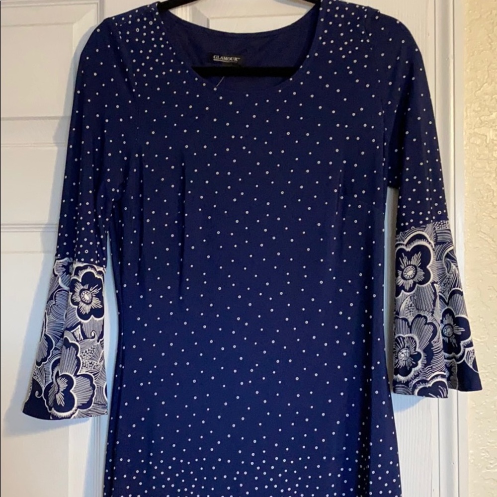 Glamour Blue Bell Sleeve Dress with White Flower